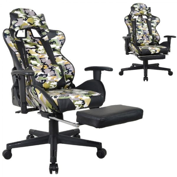 Chaise de bureau chaise de jeu Thomas - design camouflage de jeu de course - repose-pieds - réglable - VDD World