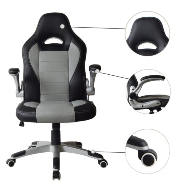 Chaise de bureau Thomas - chaise gamer - accoudoirs rabattables - gris noir - VDD World