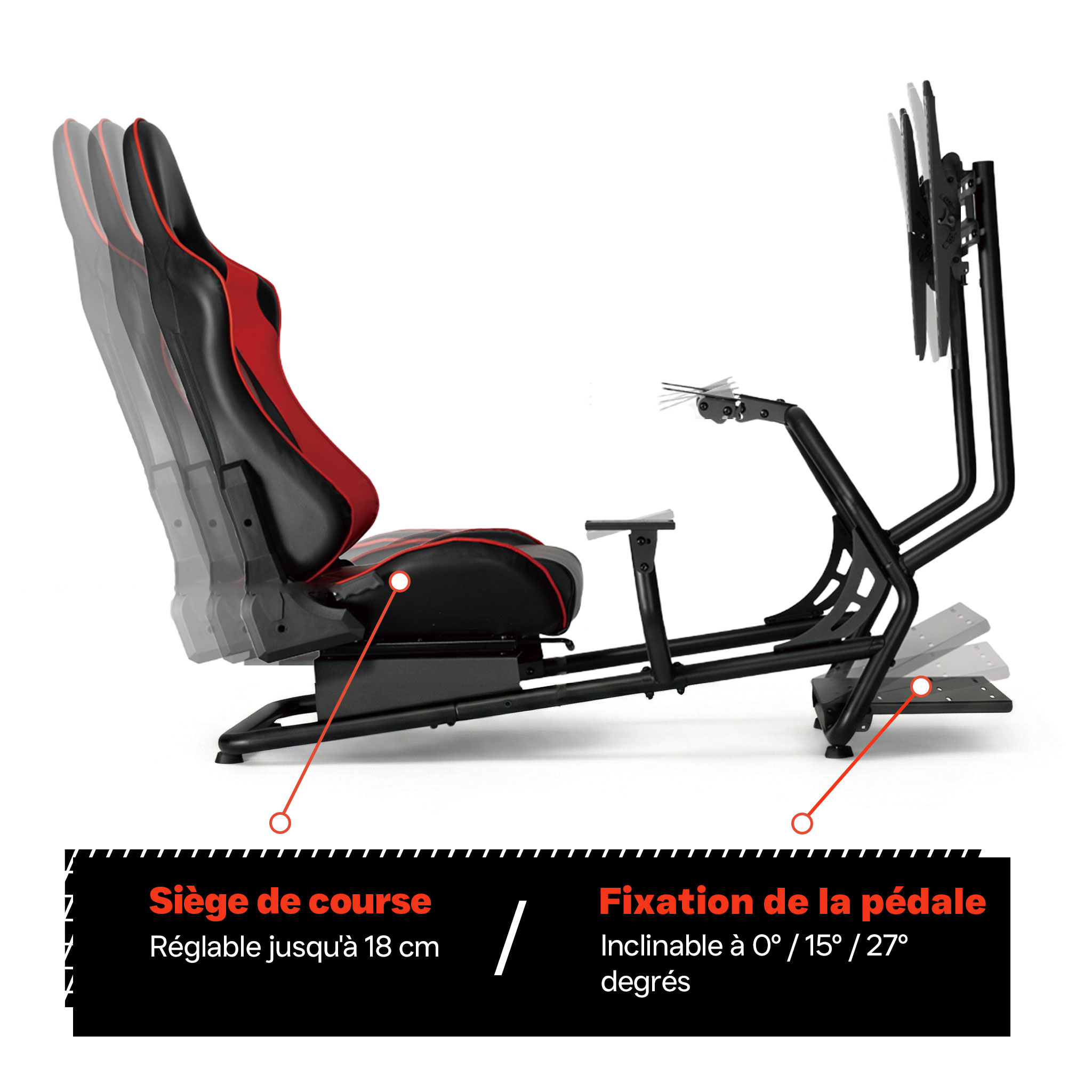 Simulateur de cockpit de siège de course - entièrement réglable avec support d'écran - VDD World FR Simulateur de cockpit de siège de course - entièrement réglable avec support d'écran - VDD World FR