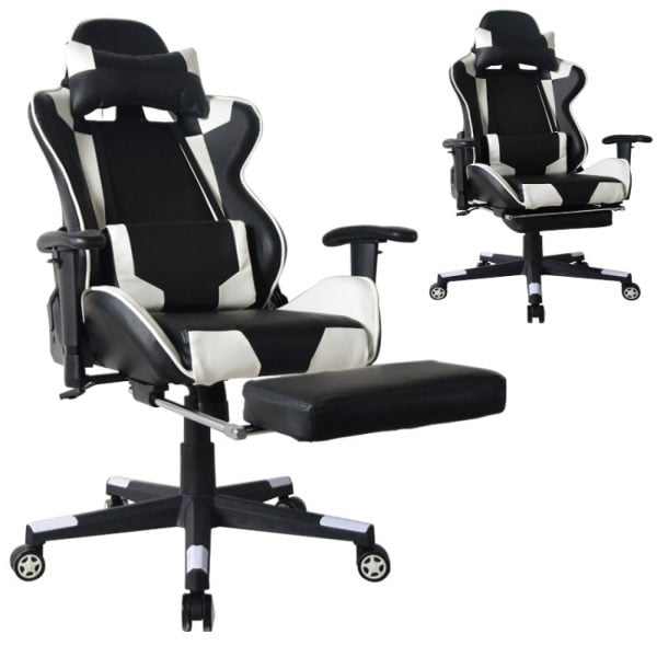 Chaise de bureau chaise de jeu Thomas - avec repose-pieds - style course - noir et blanc - VDD World