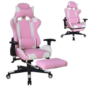 Chaise de jeu Thomas avec repose-pieds - chaise de bureau style racing - ergonomique - rose blanc