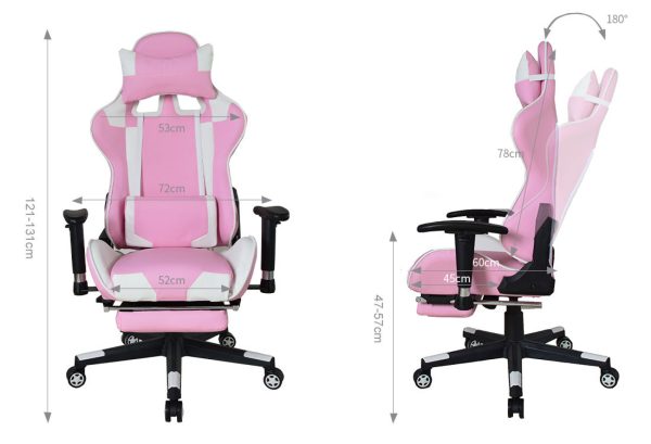 Chaise de jeu Thomas avec repose-pieds - chaise de bureau style racing - ergonomique - rose blanc - VDD World