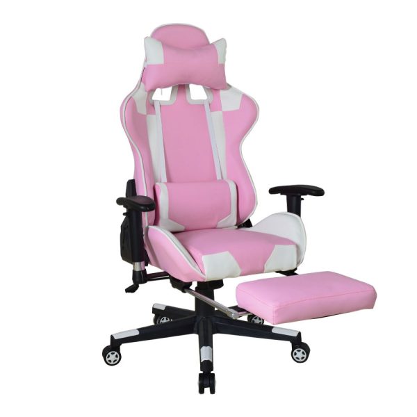 Chaise de jeu Thomas avec repose-pieds - chaise de bureau style racing - ergonomique - rose blanc - VDD World