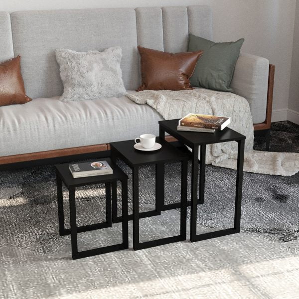 Ensemble de 3 tables d'appoint noires industrielles robustes : gain de place avec style - VDD World