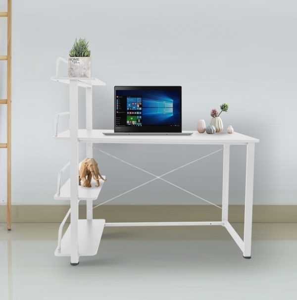 Table d'ordinateur de bureau - 3 étagères de rangement - bois métal - largeur 120 cm - blanc - VDD World