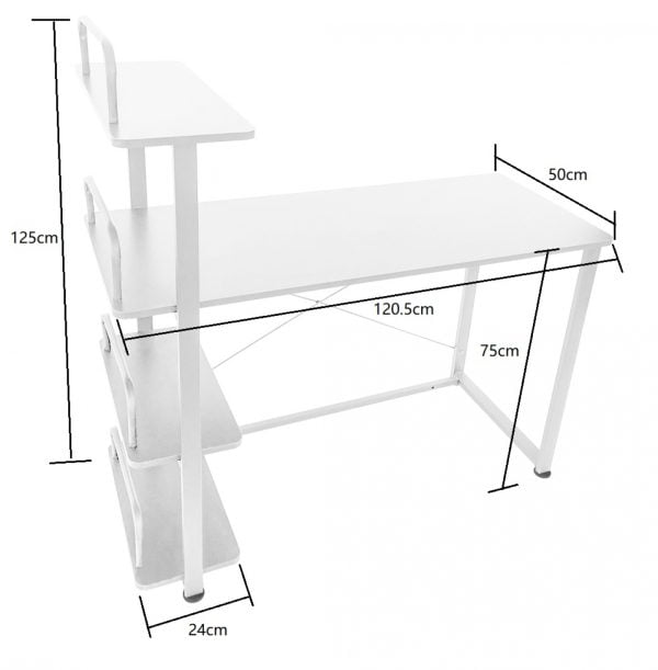 Table d'ordinateur de bureau - 3 étagères de rangement - bois métal - largeur 120 cm - blanc - VDD World