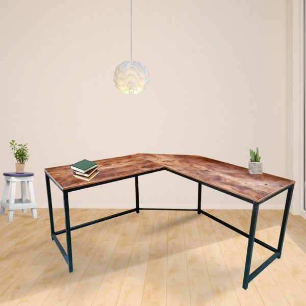 Bureau d'angle Stoer - Table d'ordinateur en forme de L - métal noir avec bois brun - VDD World