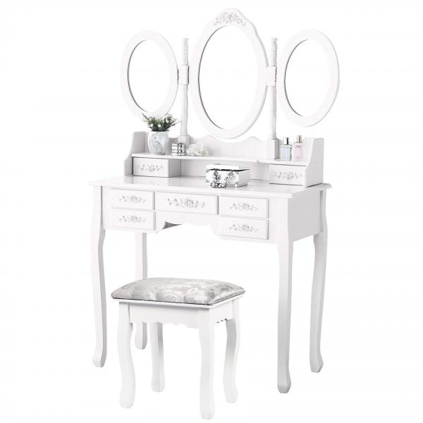 Coiffeuse maquilleuse table de toilette avec miroir et tabouret blanc - VDD World