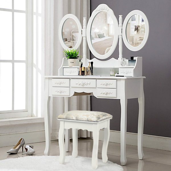 Coiffeuse maquilleuse table de toilette avec miroir et tabouret blanc - VDD World