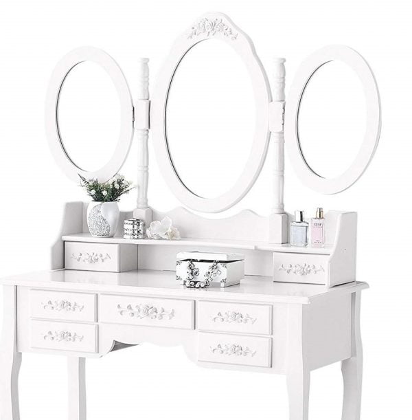 Coiffeuse maquilleuse table de toilette avec miroir et tabouret blanc - VDD World