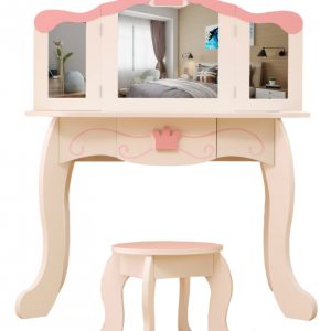 Coiffeuse maquillage table de maquillage princesse fille avec miroir et tabouret blanc rose