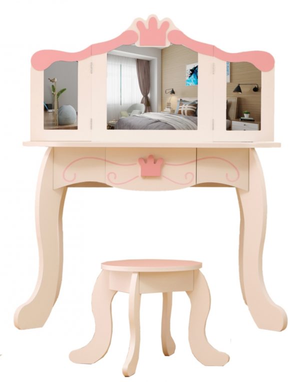 Coiffeuse maquillage table de maquillage princesse fille avec miroir et tabouret blanc rose - VDD World