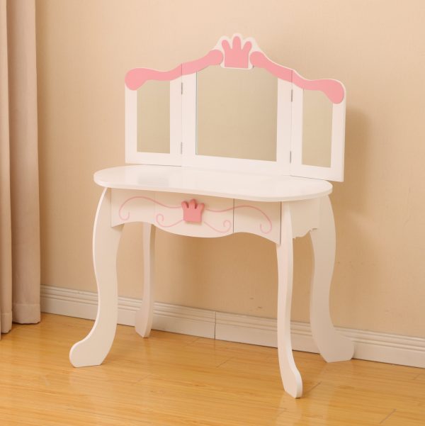 Coiffeuse maquillage table de maquillage princesse fille avec miroir et tabouret blanc rose - VDD World