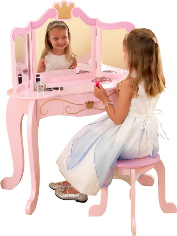 Coiffeuse maquillage table de maquillage princesse fille avec miroir et tabouret rose - VDD World