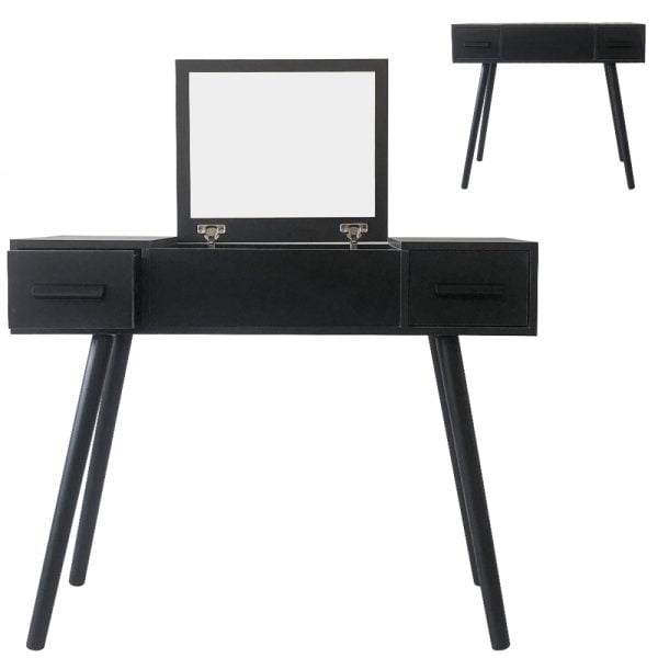 Coiffeuse - bureau de maquillage - miroir pliant et 2 tiroirs - noir - VDD World