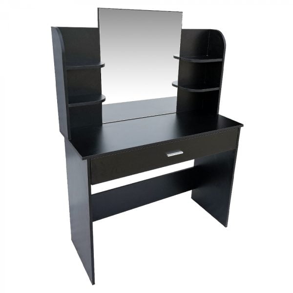 Coiffeuse table de maquillage avec tiroir miroir et étagères de rangement noir - VDD World