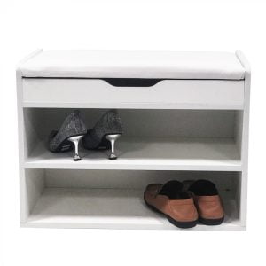 Banc d'entrée à chaussures - meuble à chaussures ouvert - avec coussin de siège rabattable blanc