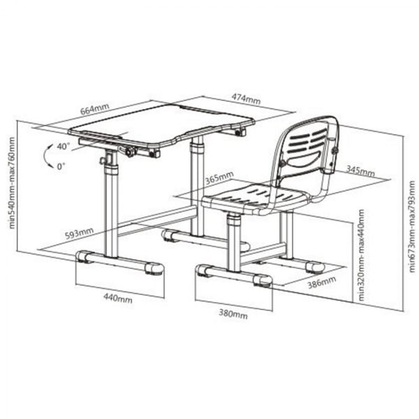 Bureau avec chaise de bureau fille - table à dessin - réglable en hauteur de manière ergonomique - VDD World
