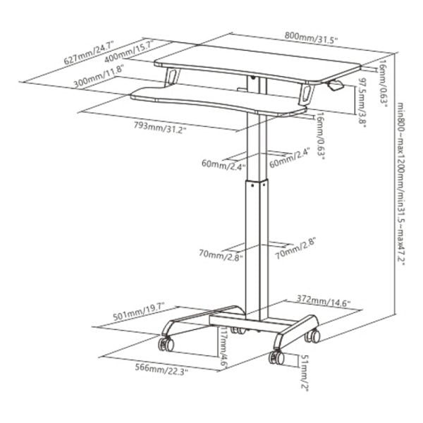 Table d'ordinateur portable de bureau assis-debout - mobile - réglable en hauteur - VDD World