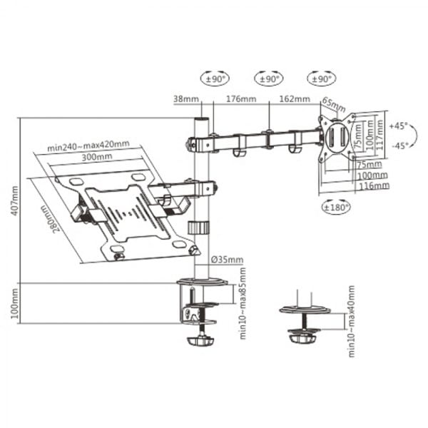 Bras de moniteur avec support pour ordinateur portable - réglable en hauteur - écran 17 - 32 pouces - VDD World