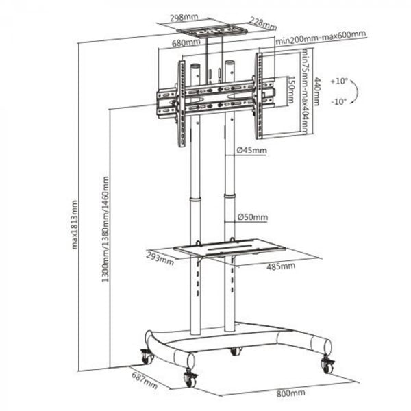 Support écran TV - mobile - avec support caméra - réglable en hauteur jusqu'à 146 cm - VDD World