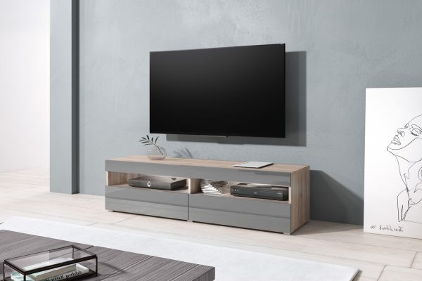 Meuble TV Meuble TV Kubrick 140 cm corps brun clair volets avant gris - VDD World