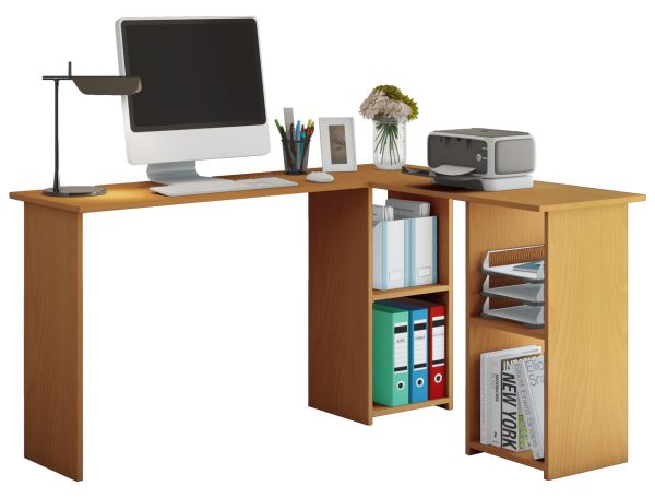 Meuble d'angle de bureau informatique Lusias couleur hêtre marron clair - VDD World