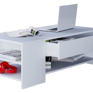 Table basse Tindus avec beaucoup d'espace de rangement et des compartiments blancs