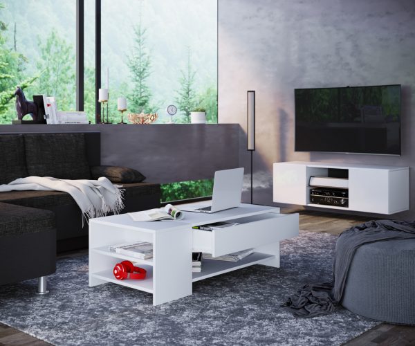 Table basse Tindus avec beaucoup d'espace de rangement et des compartiments blancs - VDD World