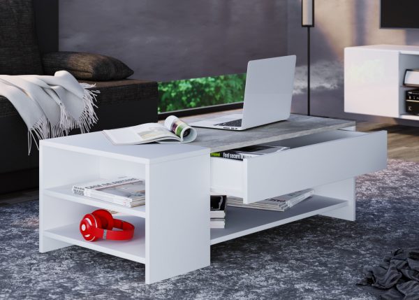 Table basse Tindus avec beaucoup d'espace de rangement et compartiments d'aspect béton gri - VDD World