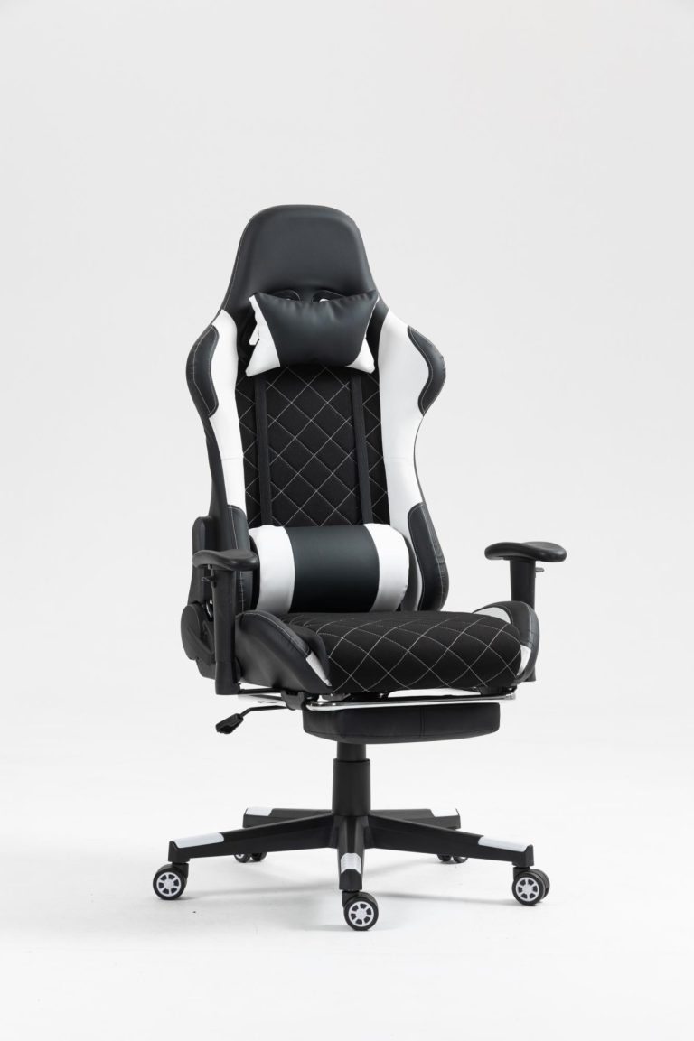 Chaise de jeu Classic - chaise de bureau - repose-pieds - revêtement tissu - noir et blanc