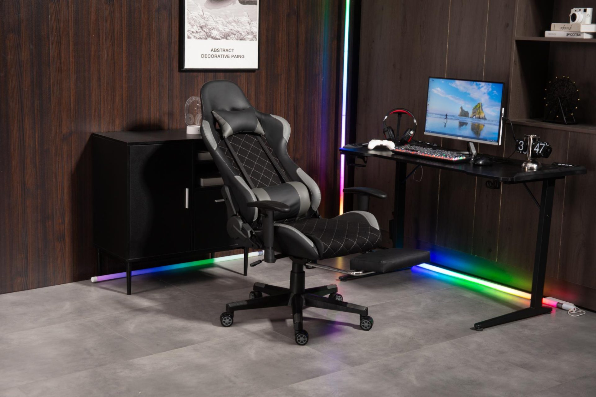Chaise de jeu Classic - chaise de bureau - repose-pieds - revêtement tissu - noir et gris - VDD World FR Chaise de jeu Classic - chaise de bureau - repose-pieds - revêtement tissu - noir et gris - VDD World FR