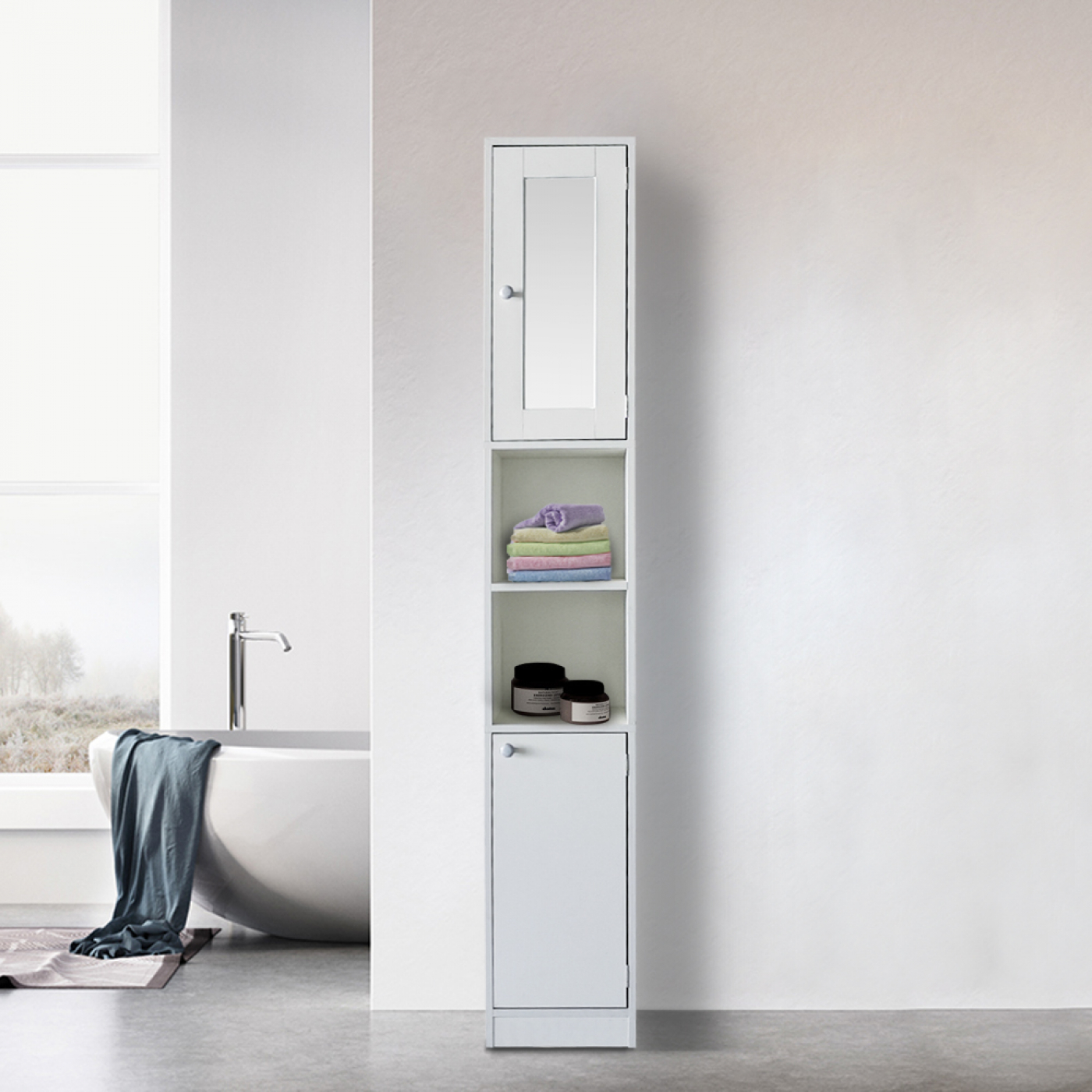 Meuble colonne salle de bain - meuble de rangement salle de bain ou couloir - avec miroir - hauteur - image alternative