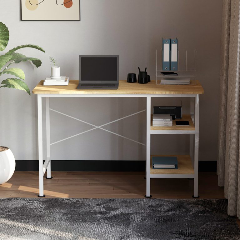 Table d'ordinateur bureau - avec étagères de rangement - métal blanc bois marron - 110 cm de large - image alternative