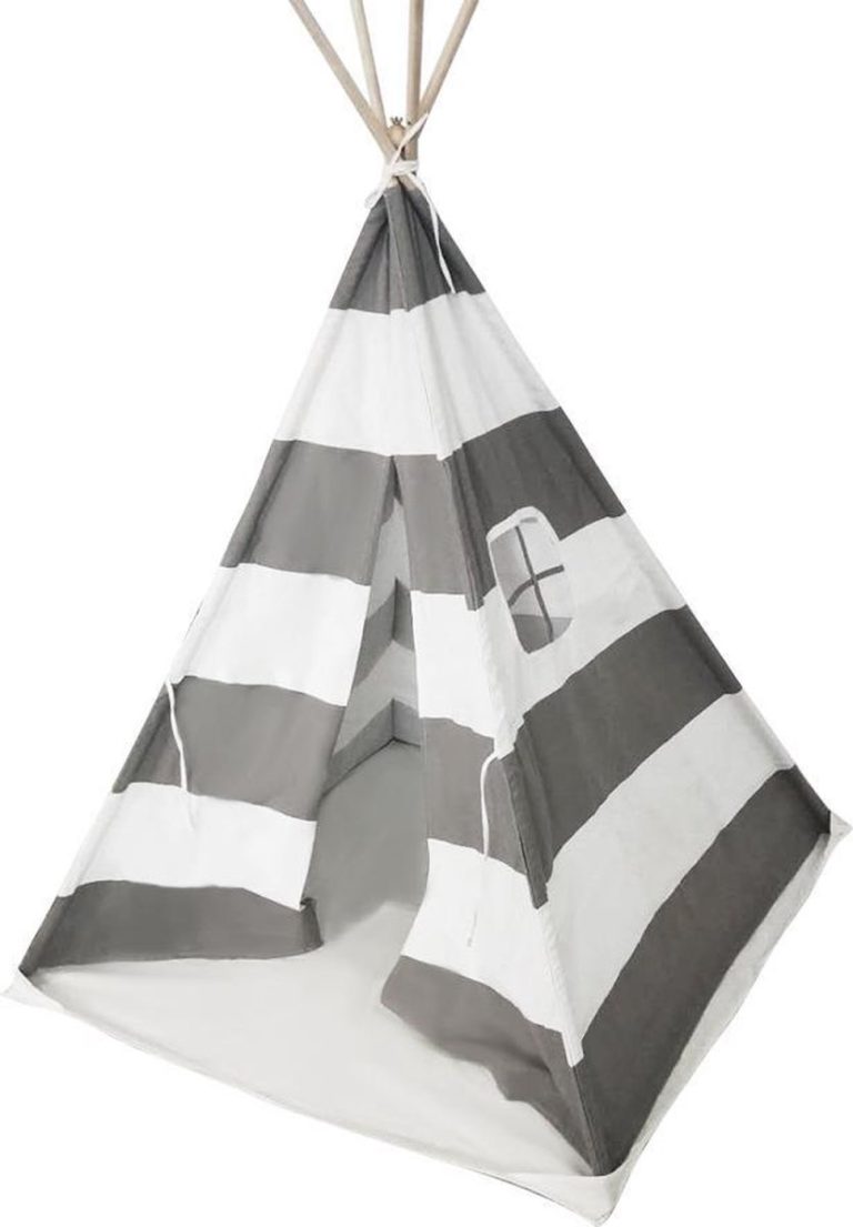 Tente tipi Floortje – tente wigwam – avec tapis de jeu – lin et coton – blanc gris