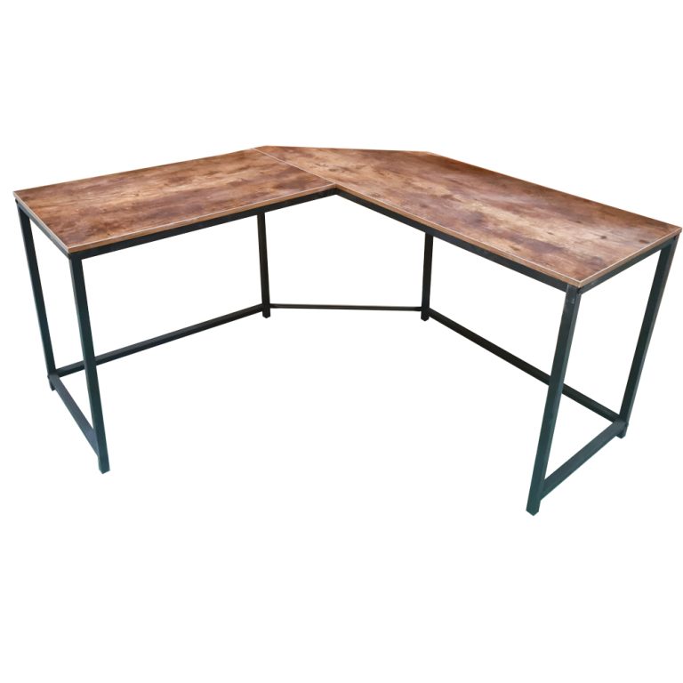Bureau d'angle Stoer - Table d'ordinateur en forme de L - métal noir avec bois brun