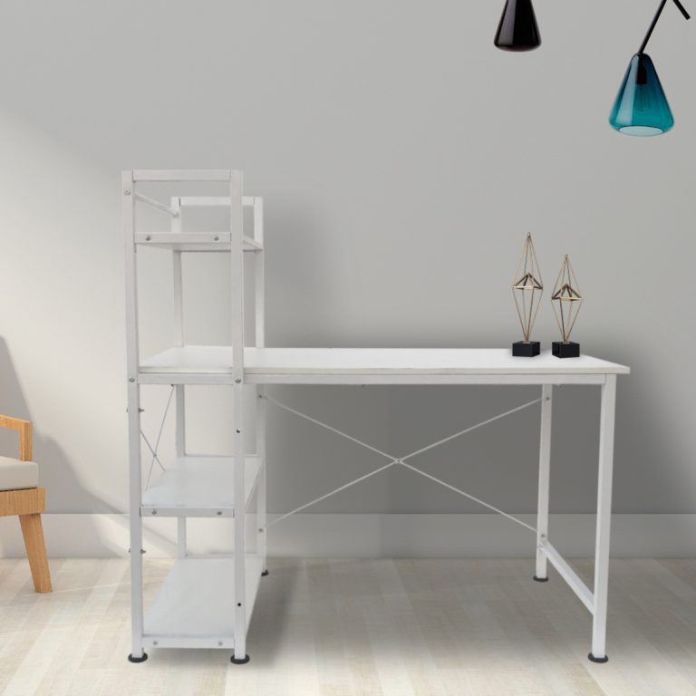 Bureau table informatique Tough - 3 étagères de rangement - blanc industriel moderne - métal bois - image alternative