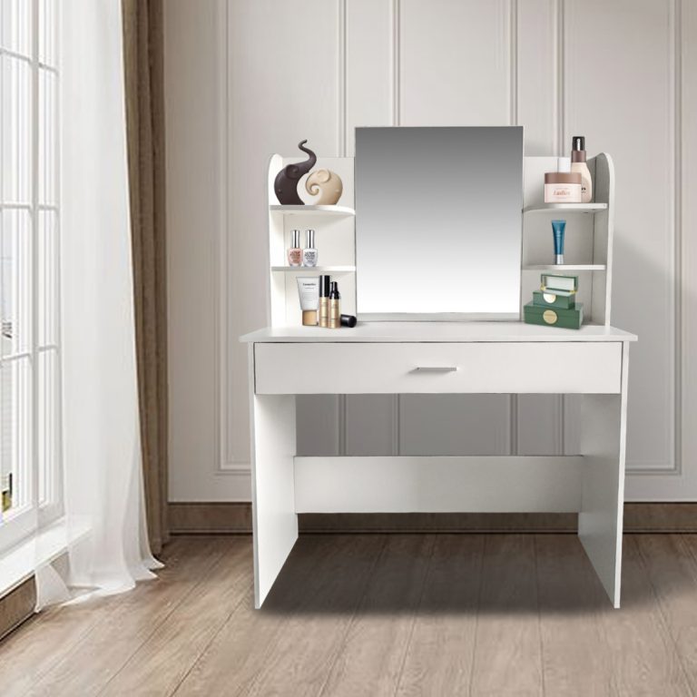 Coiffeuse table de maquillage avec tiroir miroir et étagères de rangement blanc - image alternative