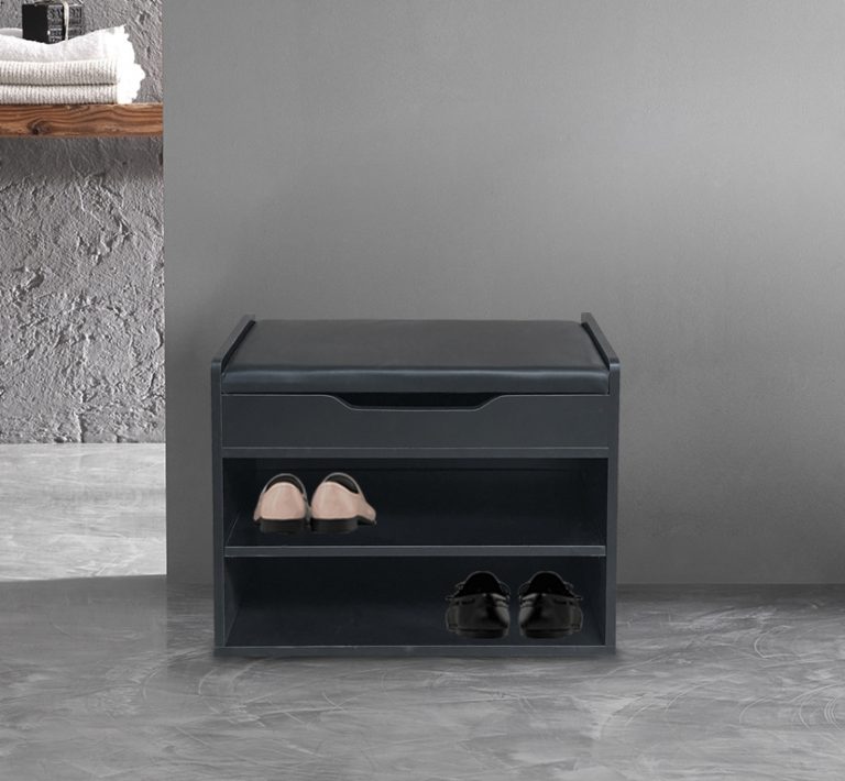 Banc d'entrée avec porte-chaussures - avec coussin d'assise pliable - noir - image alternative