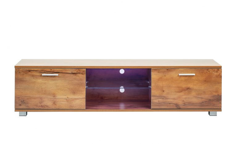 Meuble TV - buffet - éclairage LED - largeur 140 cm - structure bois marron