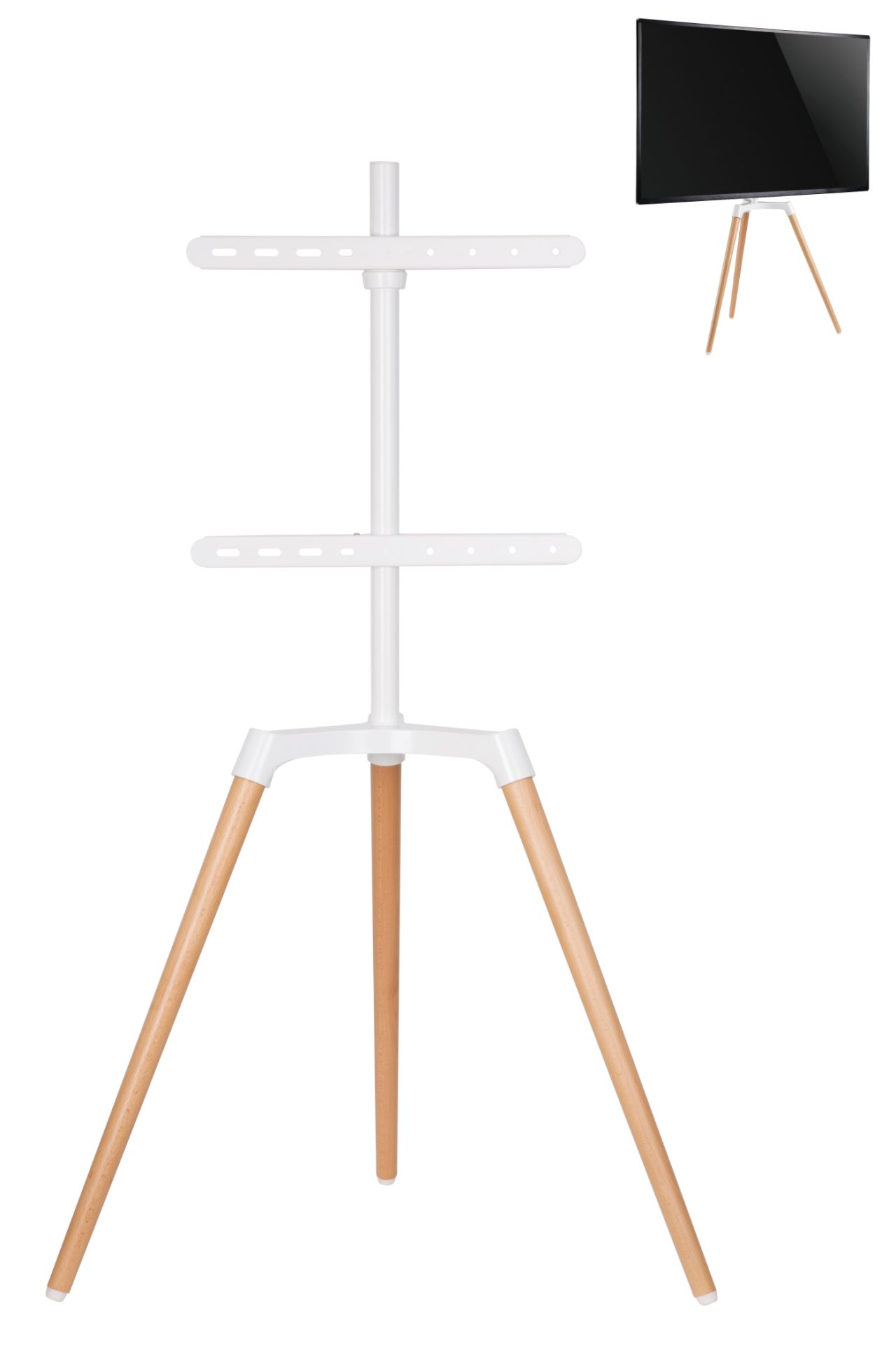 Support TV, forme chevalet de peintre - écran orientable - jusqu'à 65 pouces - Hêtre et blanc - VDD World FR Support TV, forme chevalet de peintre - écran orientable - jusqu'à 65 pouces - Hêtre et blanc - VDD World FR