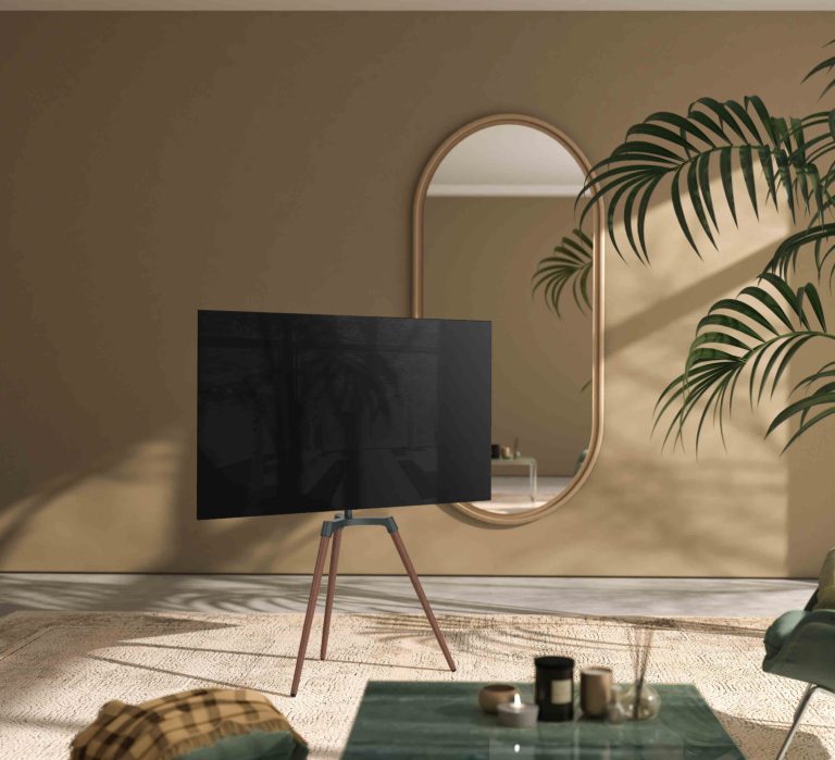 Support TV, forme chevalet de peintre - écran orientable - jusqu'à 65 pouces - marron et noir - image alternative