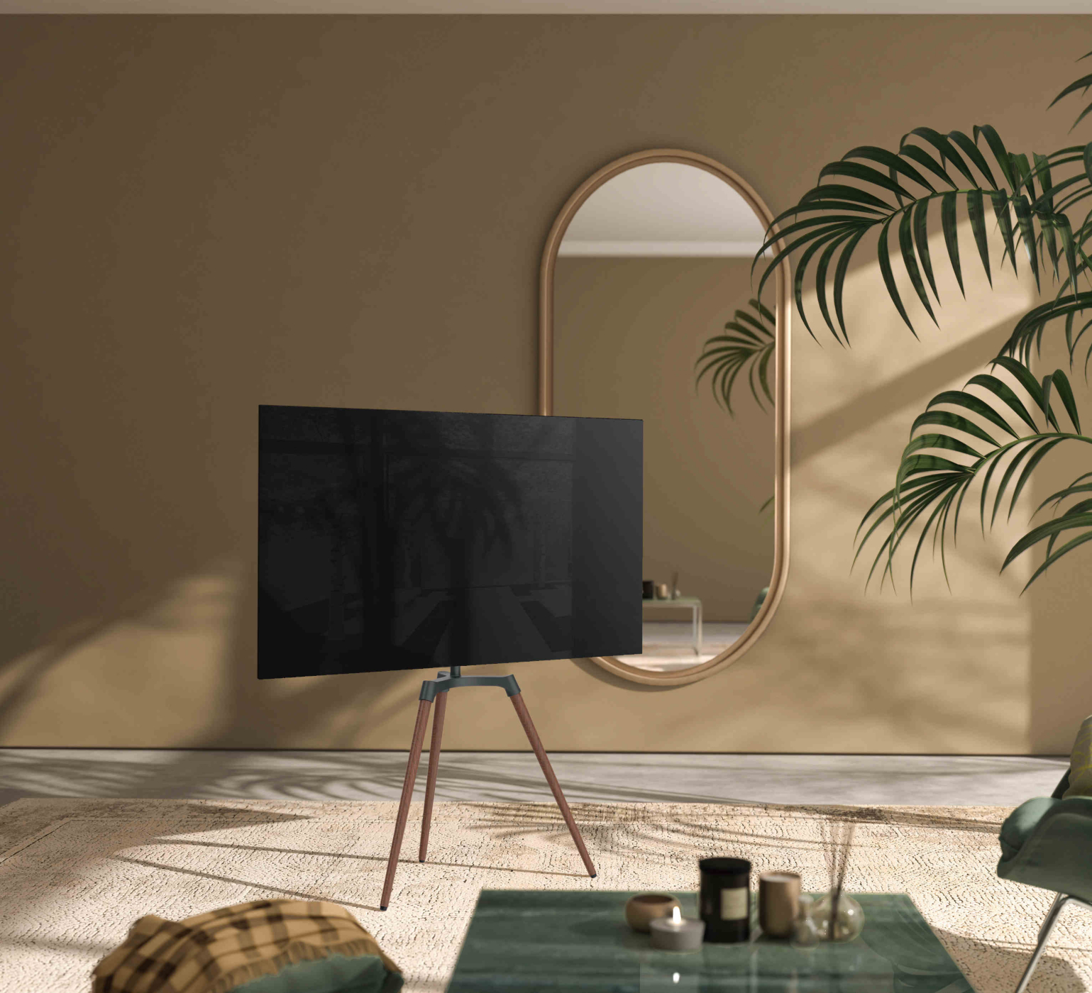 Support TV, forme chevalet de peintre - écran orientable - jusqu'à 65 pouces - marron et noir - image alternative