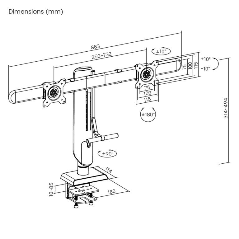 VDD - bras pour moniteur - réglable en hauteur - 2 moniteurs - clampable - image alternative