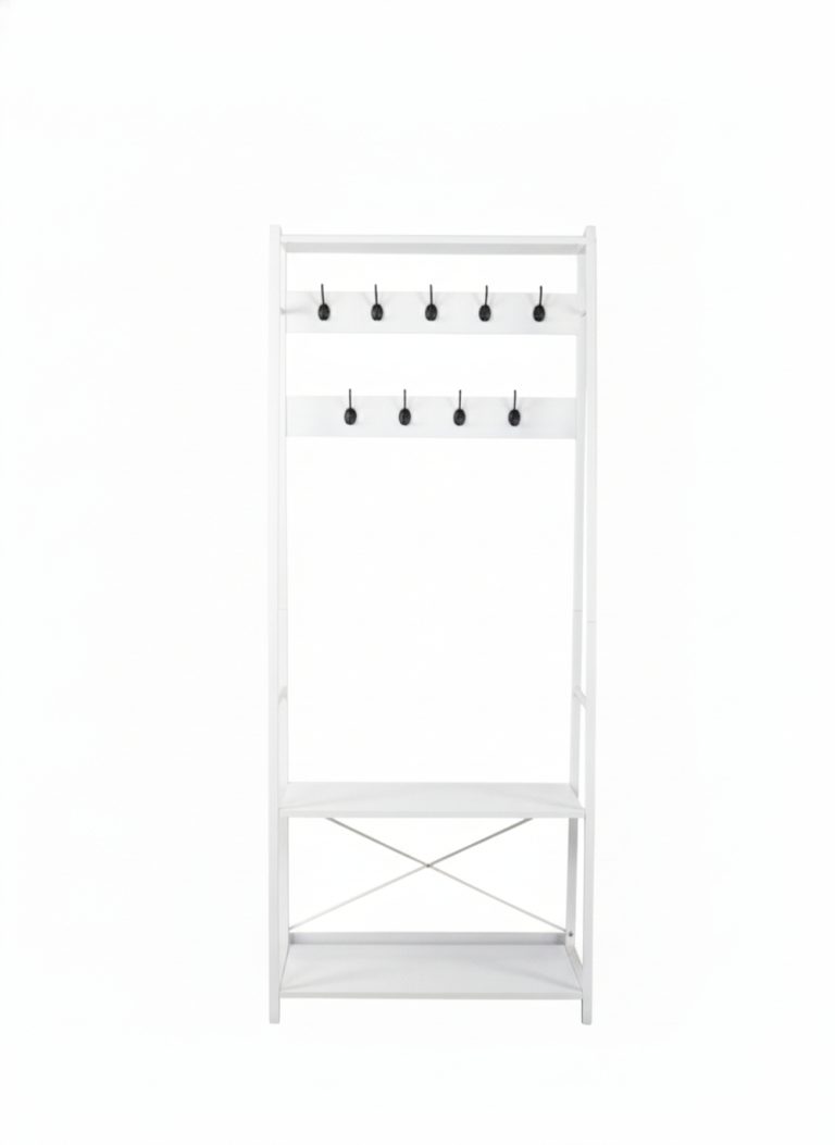 Élégant porte-manteau blanc avec banc et étagère à chaussures – Gain de place et élégant !