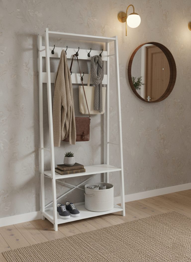 Élégant porte-manteau blanc avec banc et étagère à chaussures – Gain de place et élégant ! - image alternative