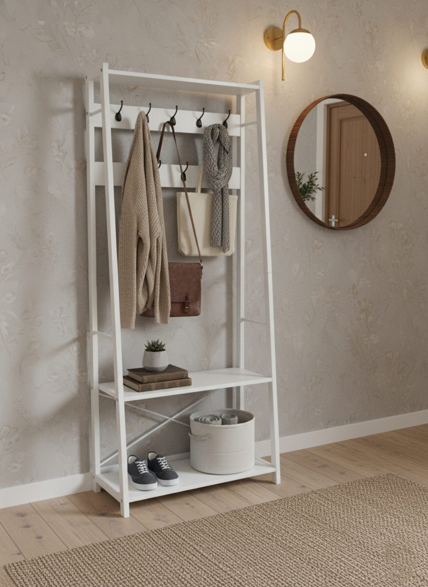 Élégant porte-manteau blanc avec banc et étagère à chaussures – Gain de place et élégant ! - image alternative