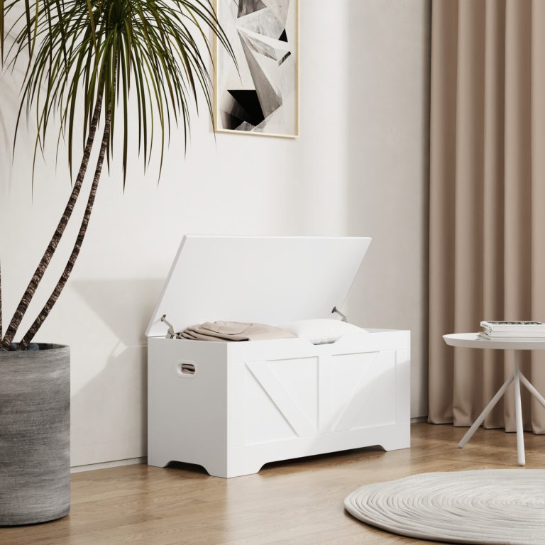 DMV - Coffre de rangement en bois - coffre à jouets - coffre à couvertures - blanc - grand - image alternative