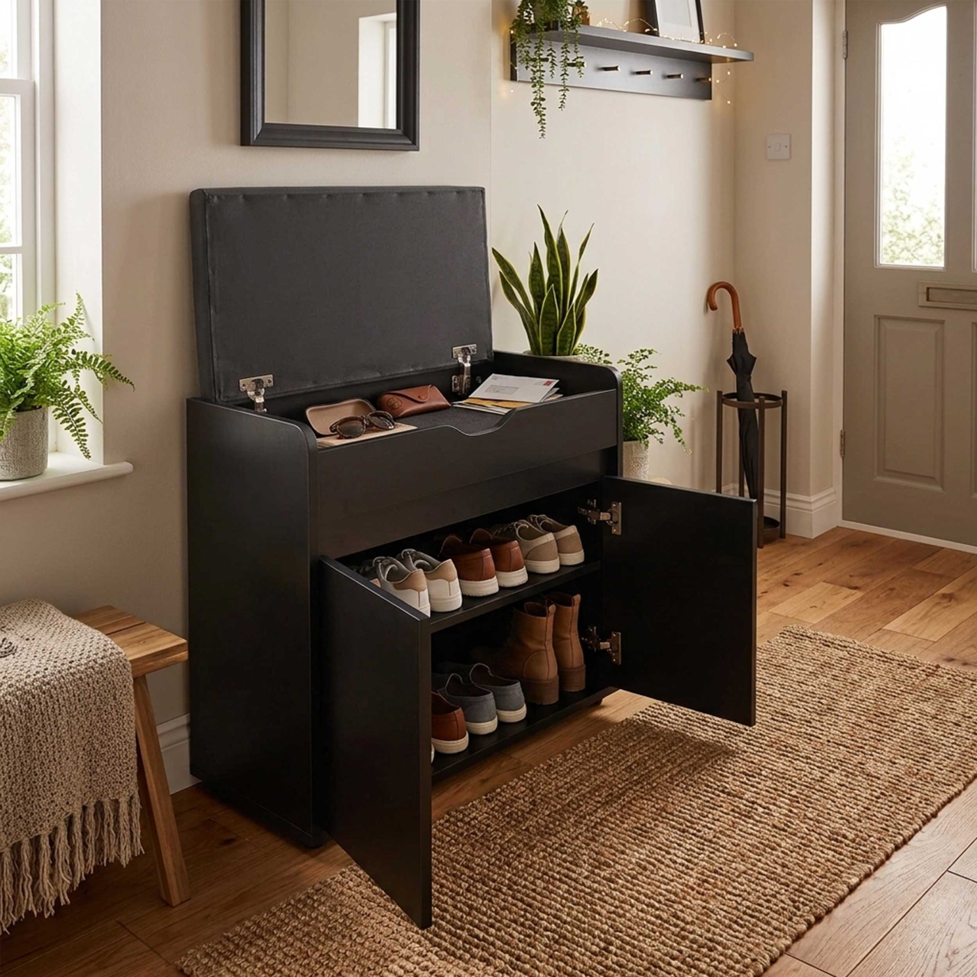 VDD - Armoire à chaussures - Rangement à chaussures - Armoire d'entrée - Banc - noir - image alternative